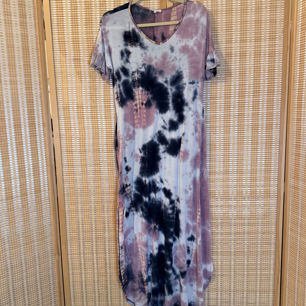 Sweet Lovely by Jen Womens Tie Dye Maxi Dress Purple Black Ruffle Sleeve Small